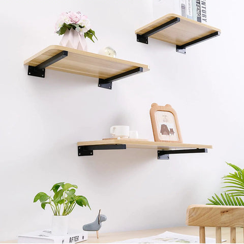 Hella Sturdy Black Industrial Floating Shelf Brackets Set Of Two Heavy Duty Wall Mount supports showcasing stylish wooden shelves.