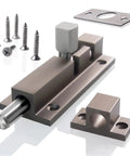 Snaps Shut Sliding Bolt Door Latch With Instant Auto Return Action Tight Grip Gate Window And Patio Barn Cupboard Slide Lock For Heavy Duty Indoor Outdoor Residential Hardware Gear with screws and fittings.