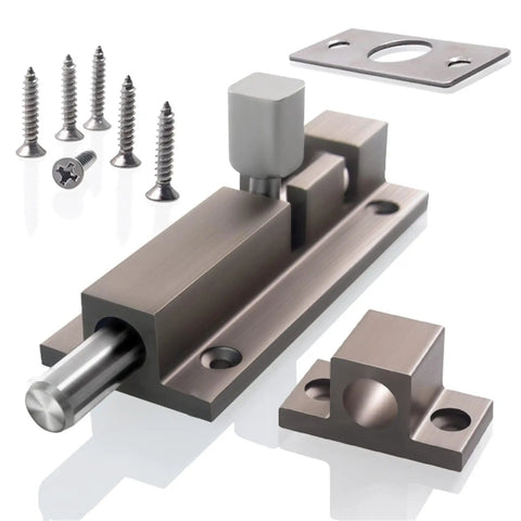 Snaps Shut Sliding Bolt Door Latch With Instant Auto Return Action Tight Grip Gate Window And Patio Barn Cupboard Slide Lock For Heavy Duty Indoor Outdoor Residential Hardware Gear with screws and fittings.