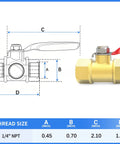 Diagram and side view of Brass Ball Valve One Quarter Inch NPT Female To One Quarter Inch NPT Female Air Compressor Line Shut Off Switch.