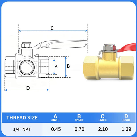 Diagram and side view of Brass Ball Valve One Quarter Inch NPT Female To One Quarter Inch NPT Female Air Compressor Line Shut Off Switch.
