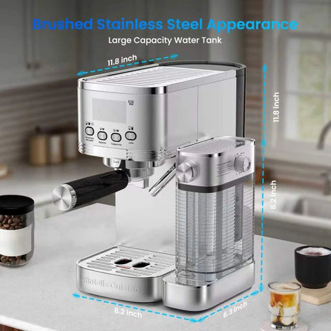 Pro Grade 20 Bar Espresso Machine With Automatic Milk Frother And Precision Temperature Control For Low Stress Home Brewing and large water tank size.