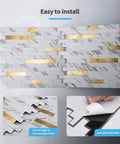 10-Sheet Peel And Stick Backsplash Tile Set for Kitchen Bathroom Laundry Room, white slate look with gold-studded accents, easy to install.