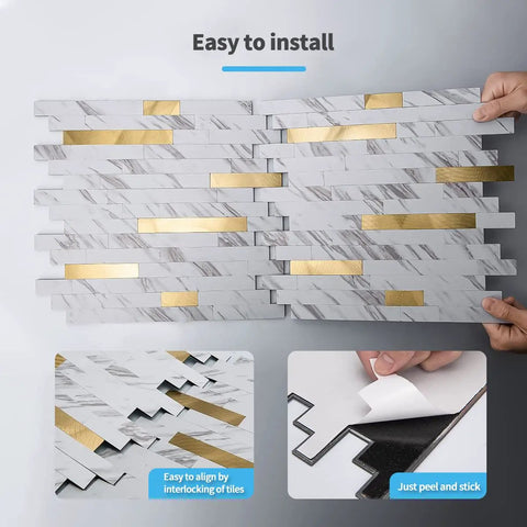 10-Sheet Peel And Stick Backsplash Tile Set for Kitchen Bathroom Laundry Room, white slate look with gold-studded accents, easy to install.