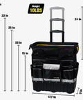 Beefy Heavy Duty Rolling Tool Bag With Wheels, Waterproof Portable Storage Organizer Tote, dimensions displayed, adjustable handle extended