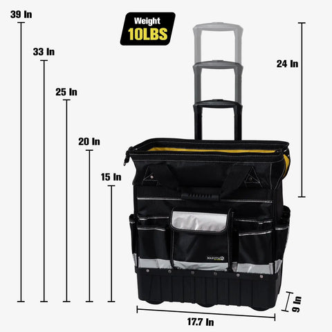 Beefy Heavy Duty Rolling Tool Bag With Wheels, Waterproof Portable Storage Organizer Tote, dimensions displayed, adjustable handle extended