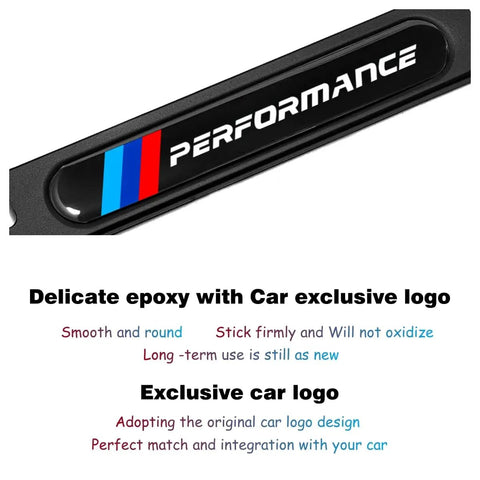 Close-up of black aluminum license plate frame with BMW logo, featuring "Performance" text and colored stripes, part of Two Pack Black Aluminum License Plate Frames With Matte Finish For BMW 1 Series Through X7 And M Models, 4 Hole Mount, Waterproof And Anti Corrosion, Includes Screw Caps Cover Kit, Durable Lightweight Aluminum Frames.