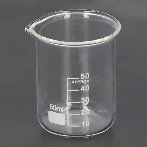 Single beaker from Ten Pack 50ml Clear Borosilicate Glass Beakers With Measurement Lines Thick Lab Glassware For Science Class Chemistry