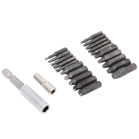 22 Piece Broken Bolt Remover Set With High Speed Steel Extractor Bits And Extended Driver Holder To Fix Stripped Screws Fast For Home Garage Or Auto Shop Mechanic Jobs Today, 22pc kit laid out on white