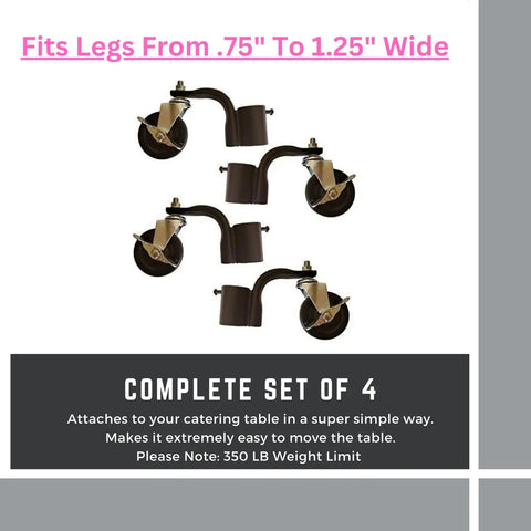 Heavy Duty Folding Table Casters With Steel And Rubber Wheels 4 Pack Locking Casters For Buffet Banquet And Event Tables High Load Capacity And Easy Tool Free Installation For Smooth Moves Like A Pro, shown attached to table legs.