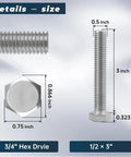 4 Sets Of One Half Inch 13 TPI 3 Inch Stainless Steel Hex Head Screws Bolts With Nuts Flat And Lock Washers Full Thread And Coarse Thread 304 Stainless Steel Hardware Kit For Everyday Auto Home And DIY Projects, showing dimensions