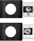 Door Lock Repair Plate Kit Reinforcement Fixing Plate For Knob Lever And Deadbolt Filler Cover To Prevent Loose Or Wobbly Locks Fits Most Standard Doors Black 2 Pack Easy Install Durable Steel, showing front and installed views.