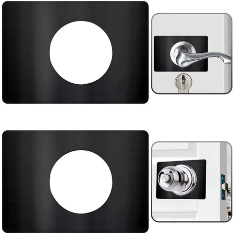 Door Lock Repair Plate Kit Reinforcement Fixing Plate For Knob Lever And Deadbolt Filler Cover To Prevent Loose Or Wobbly Locks Fits Most Standard Doors Black 2 Pack Easy Install Durable Steel, showing front and installed views.