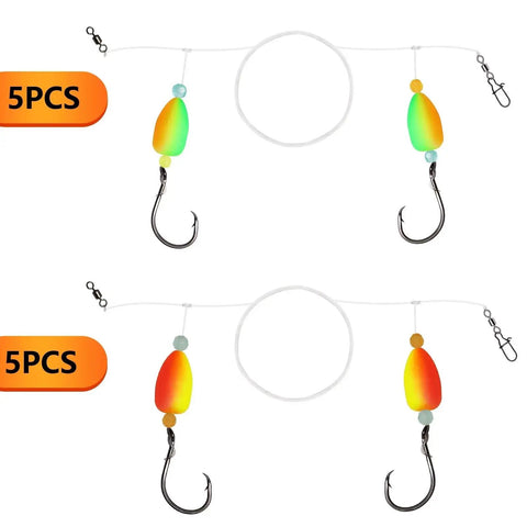 Pompano Surf Fishing Rigs With Hand Tied Unique T Knot Saltwater Floats, dual color, O-hooks, pre-rigged tackle, 5pcs set
