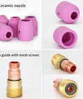 Close-up of Complete TIG Welding Torch Accessories Kit with glass cup gas lens back cap collet nozzle and glass screen