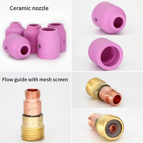 Close-up of Complete TIG Welding Torch Accessories Kit with glass cup gas lens back cap collet nozzle and glass screen