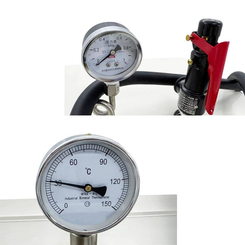 Heavy Duty Steam Bottle Sleeve Label Shrinking Machine With 5.6FT Heat Tunnel And 24KW Generator pressure gauge and thermometer close-up.