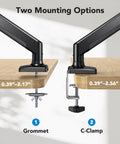 Gas Spring Monitor Arm For 13 To 34 Inch Screens Adjustable Desk Mount With VESA 75x75 And 100x100 Supports 4.4 To 22 Lbs C Clamp Or Grommet Base Ergonomic Setup For Work Or Gaming, showing grommet and C-clamp options.