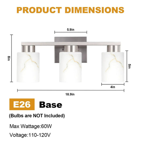 Heavy Duty 3 Light Bathroom Vanity Lights Brushed Nickel Wall Sconce With Striking White Marble Glass Shade Solid Aluminum Frame dimensions illustration.