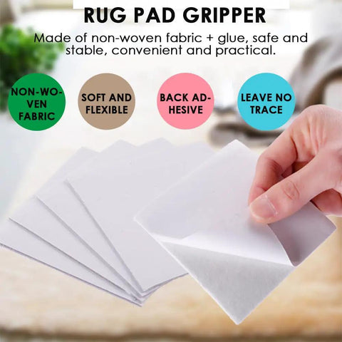 Eight Pack Rug Tape Pads Non Slip Rug Pad Gripper Anti Skid Stickers For Area Rugs Prevent Sliding Grip Corners shown in hand.