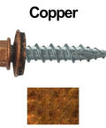 Top Shelf One Inch Metal Roofing Screws With Copper Finished Hex Washer Heads and Thick EPDM Sealing Washers close-up view.