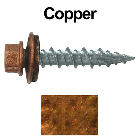 Top Shelf One Inch Metal Roofing Screws With Copper Finished Hex Washer Heads and Thick EPDM Sealing Washers close-up view.
