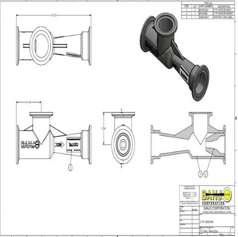 Technical drawing and rendering of 2 Inch Full Port Flanged Polypropylene Venturi Inductor For Manifold System Built Tough With Flanged Ends Heavy Duty MHV Series 225 PSI 49 GPM Flow Glass Filled Polypropylene.