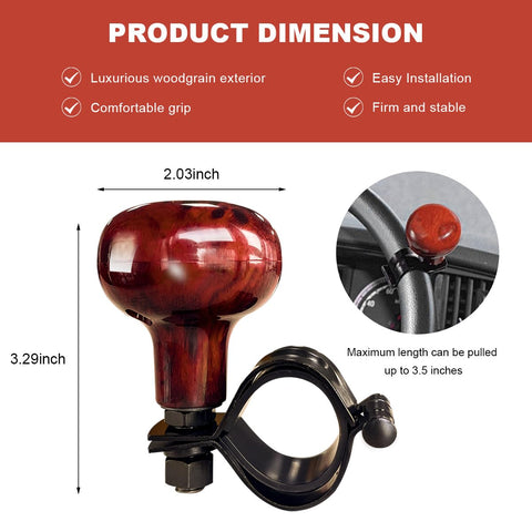Woodgrain Steering Wheel Spinner Knob With Ergonomic Grip connected to wheel, showing dimensions and installation.