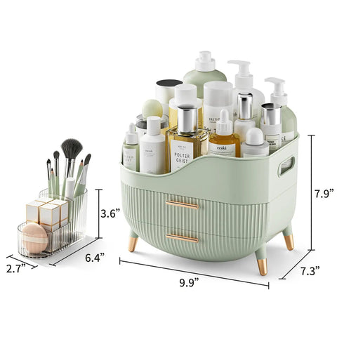 Slick Green Makeup Organizer With Two Deep Drawers And Sturdy Carry Handle, Large Skincare Storage Box For Vanity Tops, 9.9x7.3x7.9-inch