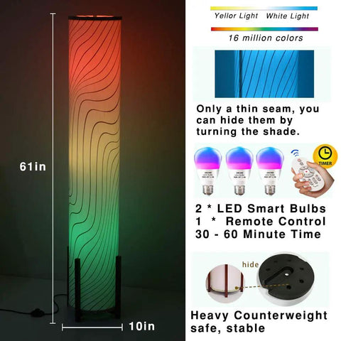 Color Changing RGB Floor Lamp With Remote Control 61 Inch Standing Corner Lamp With Fabric Shade Three 9W Smart LED Bulbs