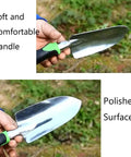 Garden Trowel And Wide Hand Shovel With Pointed Tip And Soft Rubberized Non Slip Ergonomic Handle in use outdoors