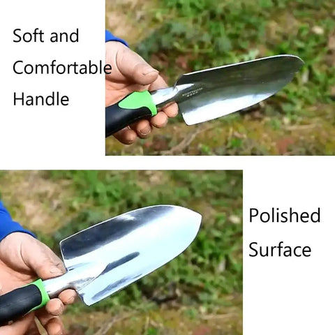 Garden Trowel And Wide Hand Shovel With Pointed Tip And Soft Rubberized Non Slip Ergonomic Handle in use outdoors