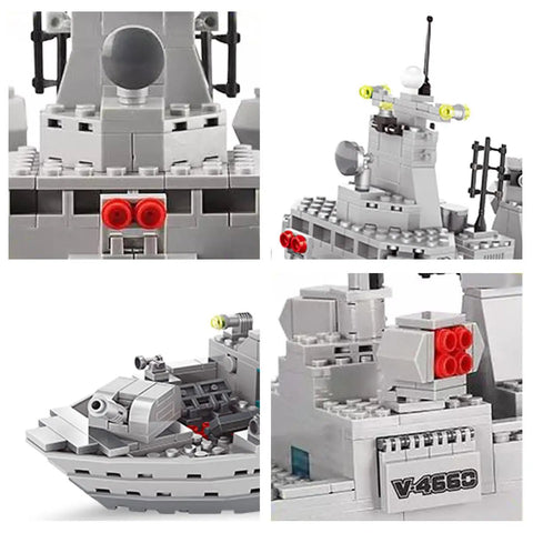 Destroyer Battleship Building Set With 528 Pieces For Kids And Adults Interactive Warship Model With Rotating Main Guns Realistic Deck Details Durable Build Great For STEM Play Imaginative Ocean Warfare Creations, close-up deck and gun tower