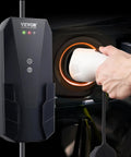 Level 1 And Level 2 Portable EV Charger With Plug-And-Play 28-Foot Cable, shown being used to charge an electric vehicle