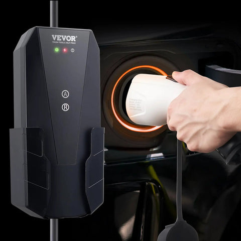 Level 1 And Level 2 Portable EV Charger With Plug-And-Play 28-Foot Cable, shown being used to charge an electric vehicle