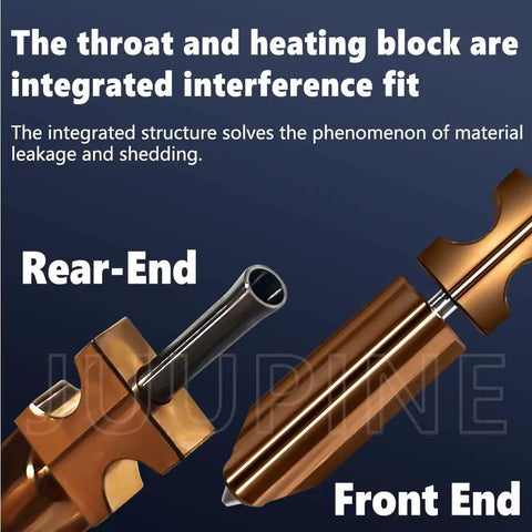 Beefed-Up 0.4mm All Metal Hotend Kit For AD5X After May 2025 Models showing throat, heating block, and nozzle close-up