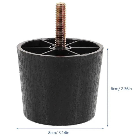 4 Pcs Screw On Furniture Levelers With Adjustable Feet Risers, black cylindrical design, 6cm height, 8cm base diameter.