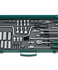 46 Piece Bi-Hexagon Socket Set With Rubber Insert Sockets In Heavy Duty Steel Case, organized tools including sockets and ratchets.
