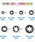 Glarks 280Pcs internal-tooth starlock push-on locking washers assortment in black metal; sizes M3–M12 with respective counts.