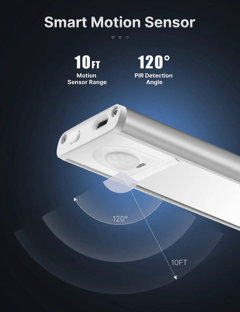Close-up of Rechargeable Under Cabinet Light With 50 LED Motion Sensor, 120° detection, 10 ft range, showcasing wireless night light feature.