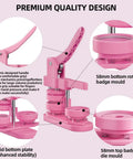 58mm DIY Button Maker Kit With 100 Button Parts And Circle Cutter Pink 2.25 Inch Badge Press Machine showing handle and molds