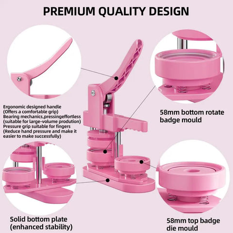 58mm DIY Button Maker Kit With 100 Button Parts And Circle Cutter Pink 2.25 Inch Badge Press Machine showing handle and molds