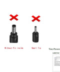 Image showing three power adapter tips labeled for compatibility: correct pin inside, incorrect without pin, incorrect small tip.