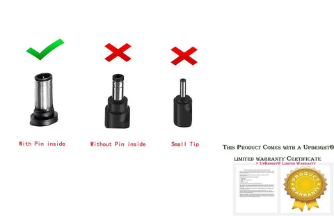 Image showing three power adapter tips labeled for compatibility: correct pin inside, incorrect without pin, incorrect small tip.