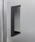 Close-up of handle on Commercial Reach In Split Door Freezer With Dual Solid Doors And Twenty Three Cubic Feet Of Badass Cold Storage.