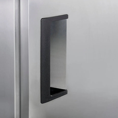 Close-up of handle on Commercial Reach In Split Door Freezer With Dual Solid Doors And Twenty Three Cubic Feet Of Badass Cold Storage.