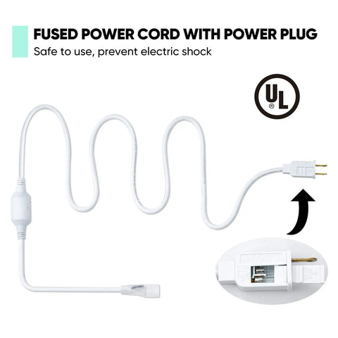 4.92ft Power Cord Connector Kit For 8x16mm LED Neon Rope Light Not RGB Compatible showing power plug and fuse detail