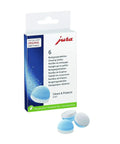 Package of No Fuss All In One Cleaning Tablets For Automatic Coffee Centers Six Pack with three tablets displayed in front.