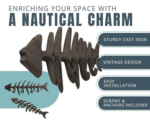 Heavy Duty Cast Iron Wall Hook Rack Featuring A Badass Fish Bone Skeleton Layout With Four Chunky Rustic Hooks And Rock Solid Mounting Hardware For Barns Or Workshops, showing sturdy design and vintage style.