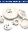 Heavy Duty Six Piece Rubber Drain Stopper Set For Bathroom Sink And Bathtub With Clearly Labeled Sizes And No Sweat Quick Swap White Zero Leak Bath Accessory. White rubber sink stoppers in six sizes for various drains.
